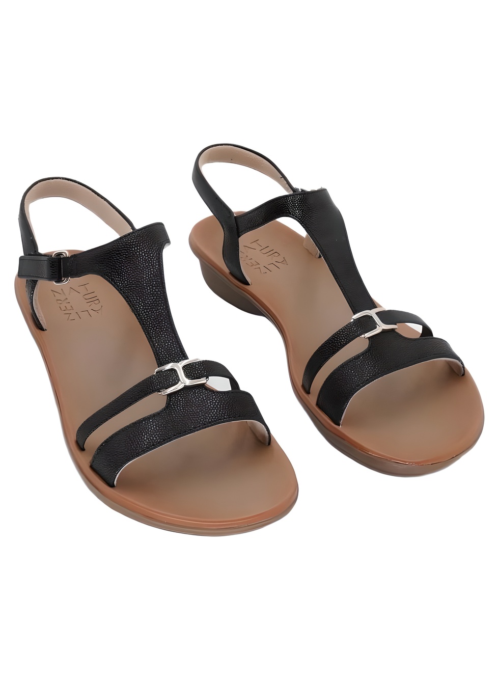 Naturalizer Sofia Black Pebbled Faux Leather T-Strap Flat Sandals Size 8W